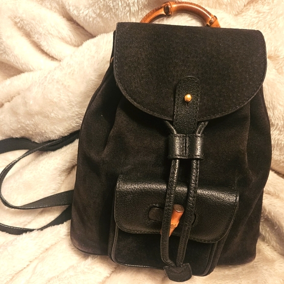 Gucci Handbags - Gucci Black Suede Bamboo Mini Backpack